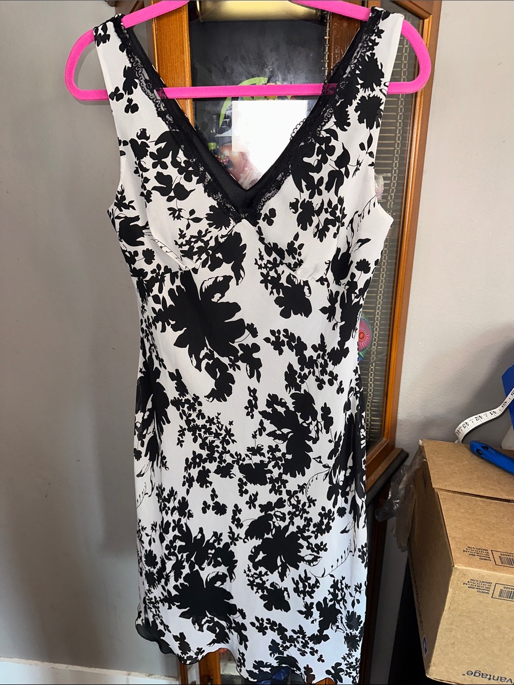 Alyn Paige Black and White Floral V-Neck Slip Dress